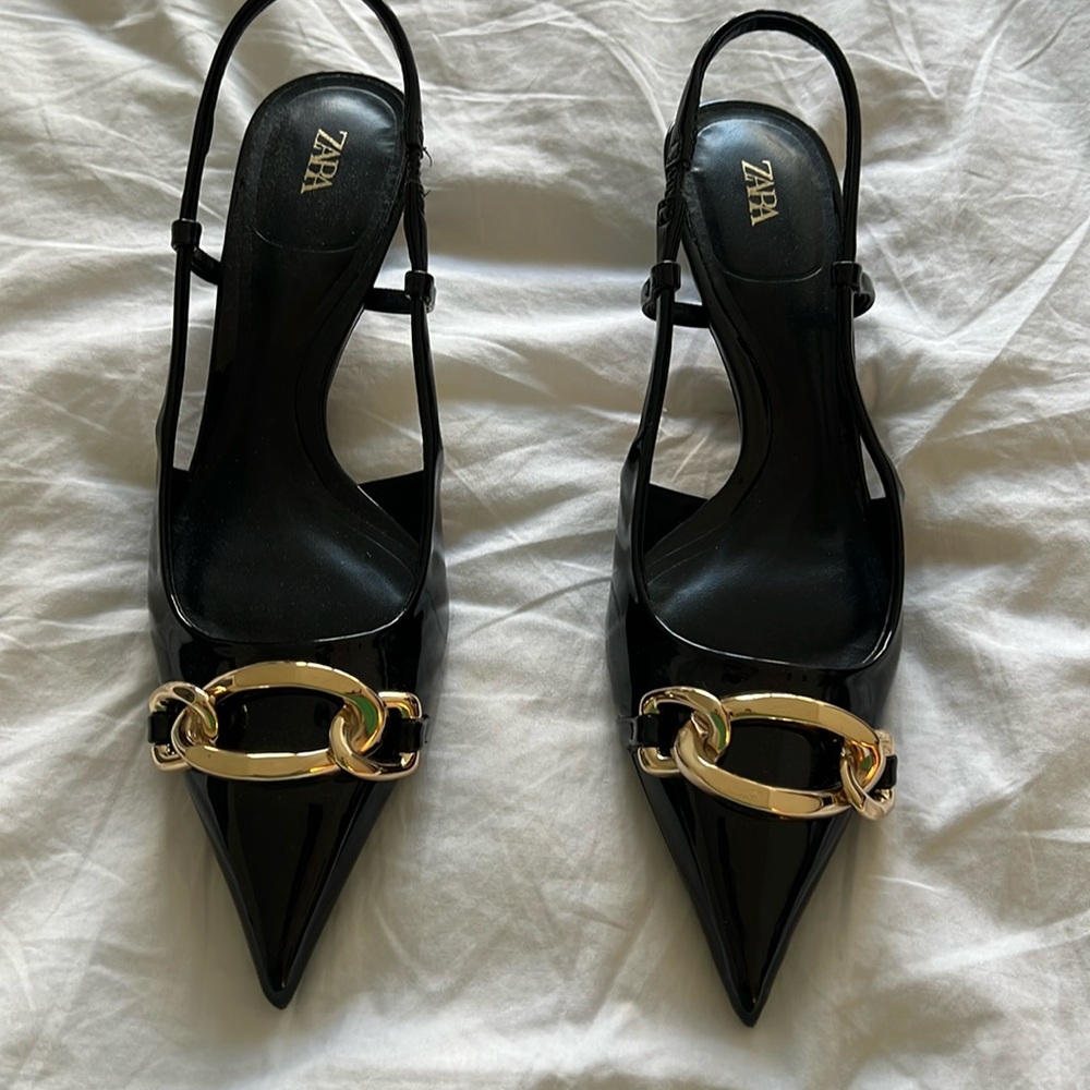 Zara sling back kitten heels with chain size size 35 (size 5 us)